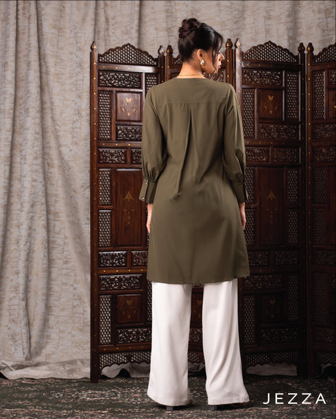 V-Neck Button Detail Knee-Length Top 62041